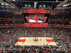 A view inside the United Center. The stadium is packed and the game is about to tip off.