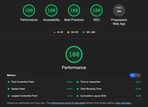 Lighthouse report showing perfect 100s across the board.