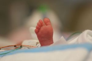 A single, tiny baby foot sticking out of some blankets in an incubator.