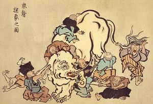 Several blind monks feeling up an elephant